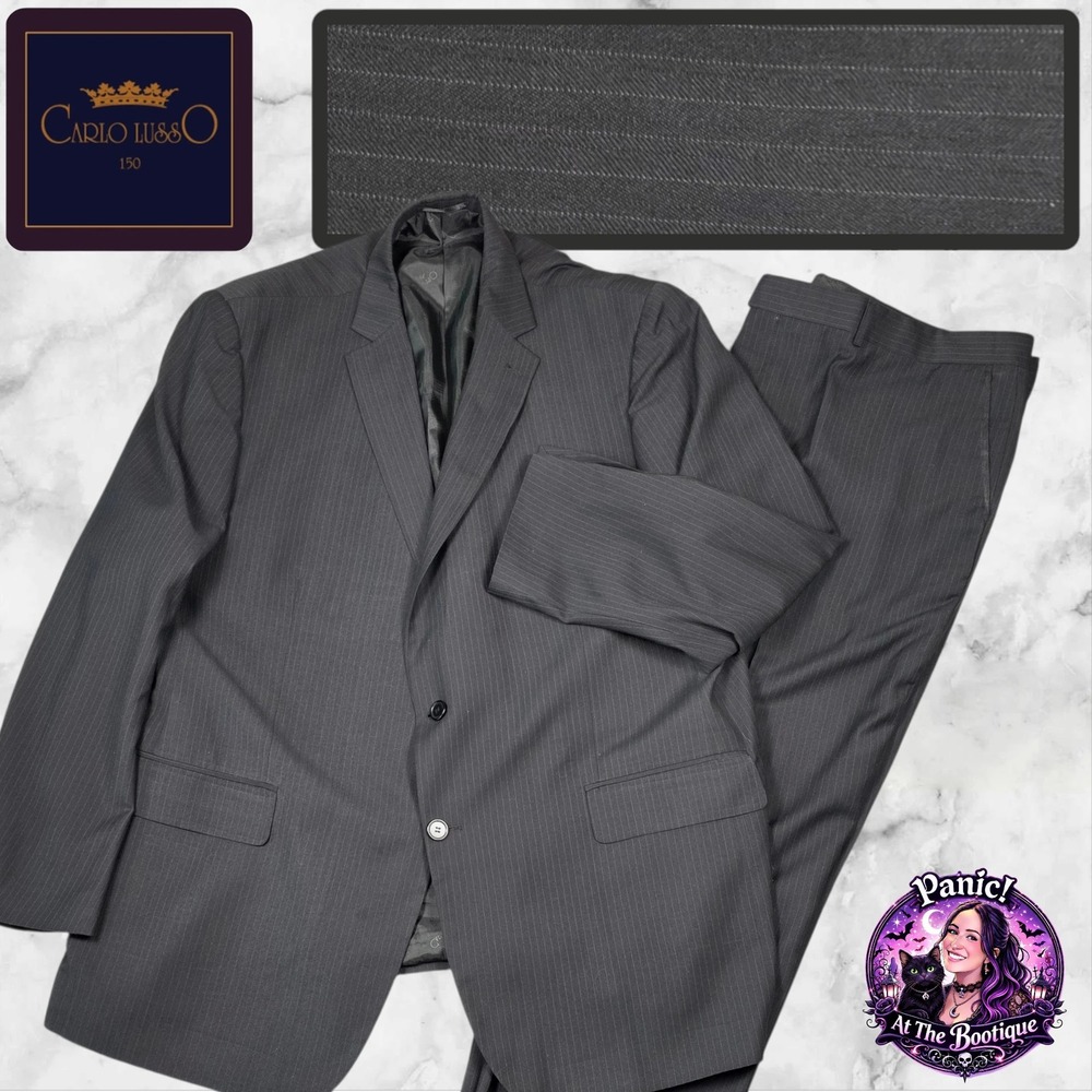 Carlo Lusso Suit Mens 52L Charcoal Grey Pinstripe 2-Piece Formal Set Big & Tall